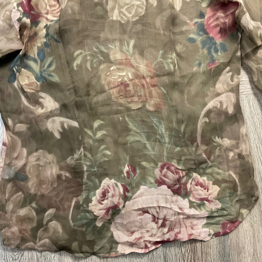 Lauren Ralph Lauren Silk Ruffle Georgette Floral Sheer Blouse Womens XS Olive - Picture 4 of 7